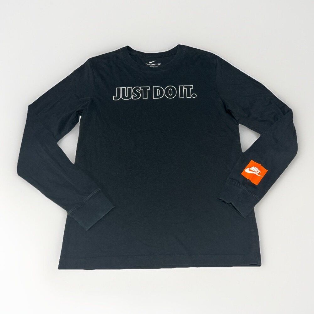 Nike Mens Just Do It Long Sleeve Graphic T Shirt Black Orange Patch Size Small